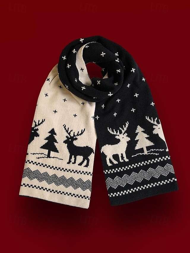 Women's Christmas Reindeer and Tree Print Knitted Scarf in Red and White, Cozy Winter Accessory for Holiday Celebrations