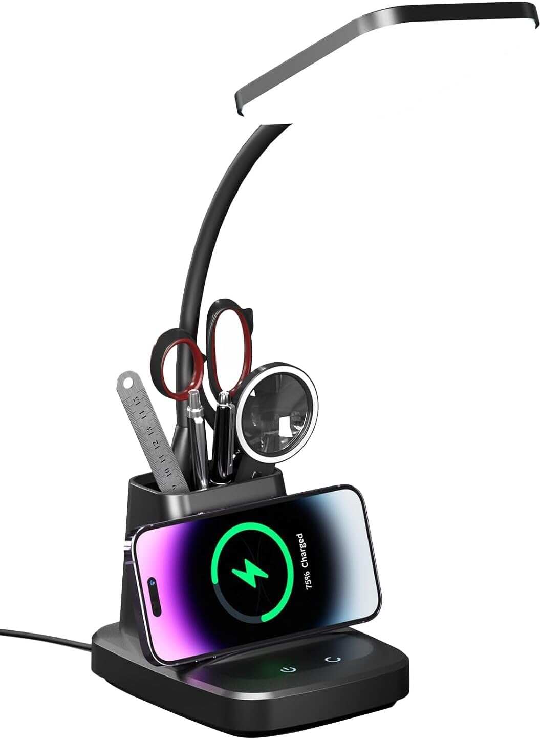 Desk Lamp with Wireless Charger, LED Desk Lamps for Home Office, 800 Lumens, Small Desk Lamp with Pen Holder, Flexible Arm, 3 Modes, Dimming, Touch Lamp for College Dorm Room