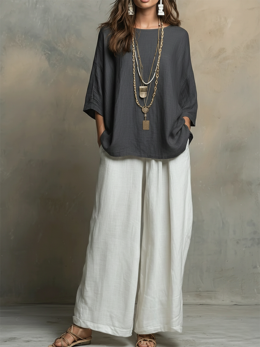 🔥Summer Arrivals🌟Cozy Cotton-linen Irregular Top And Wide-leg Pants Two-piece Set