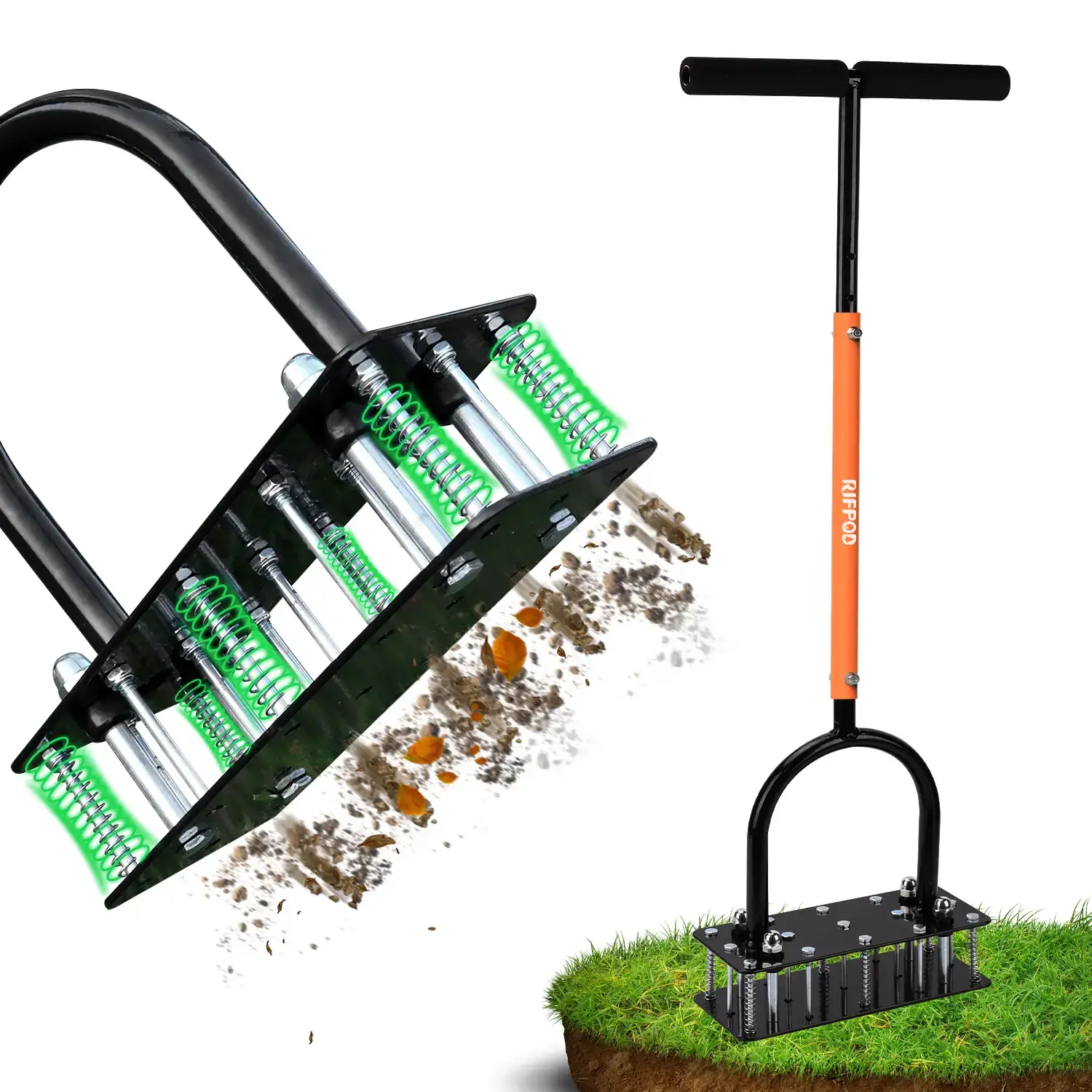 【FathersDayGift】 Lawn Aerator - Aerator Lawn Tool, Automatic Dirt and Leaf Clean Design, Heavy Duty Manual Lawn Aerator Tool with 15 Iron Spikes, Height Adjustable, Yard Grass Aerator for Lawn (Black)