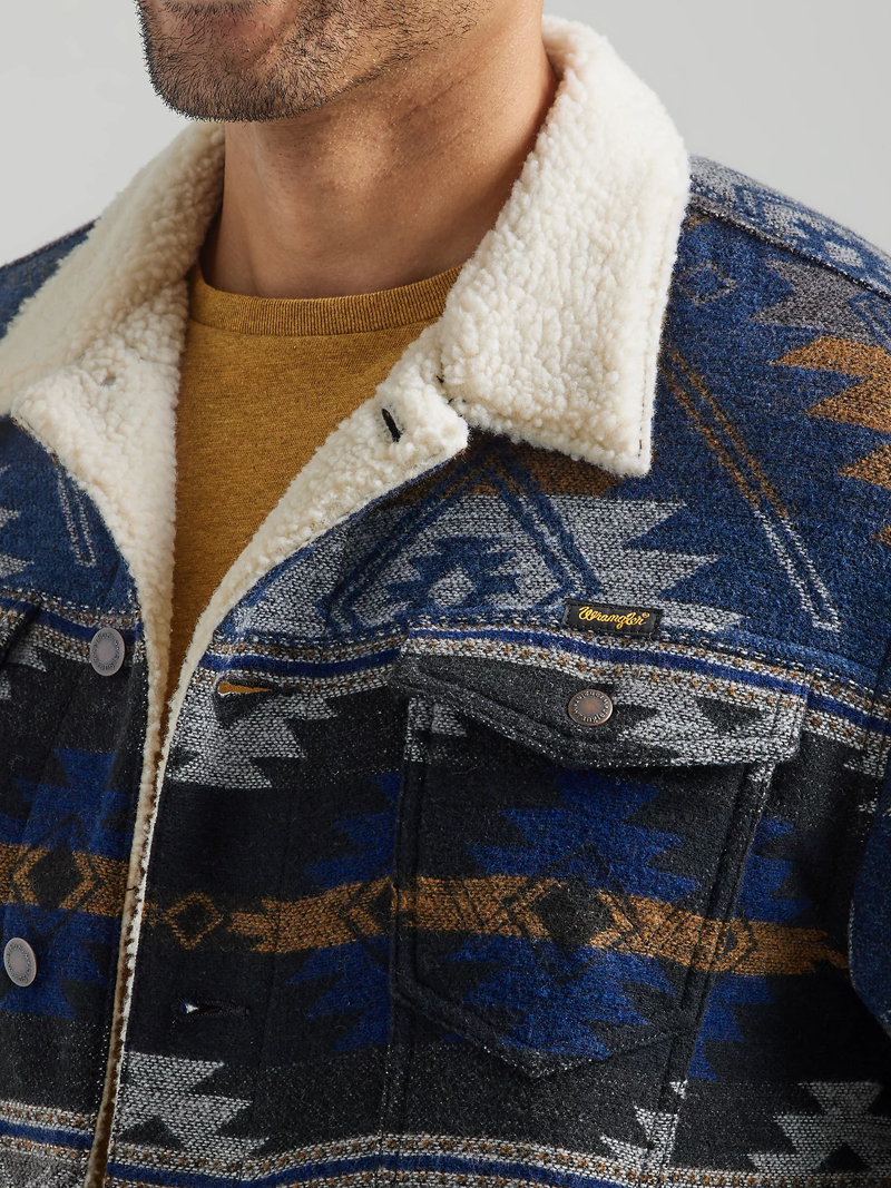 Men's Dark Blue Sherpa Lined Jacquard Print Jacket,