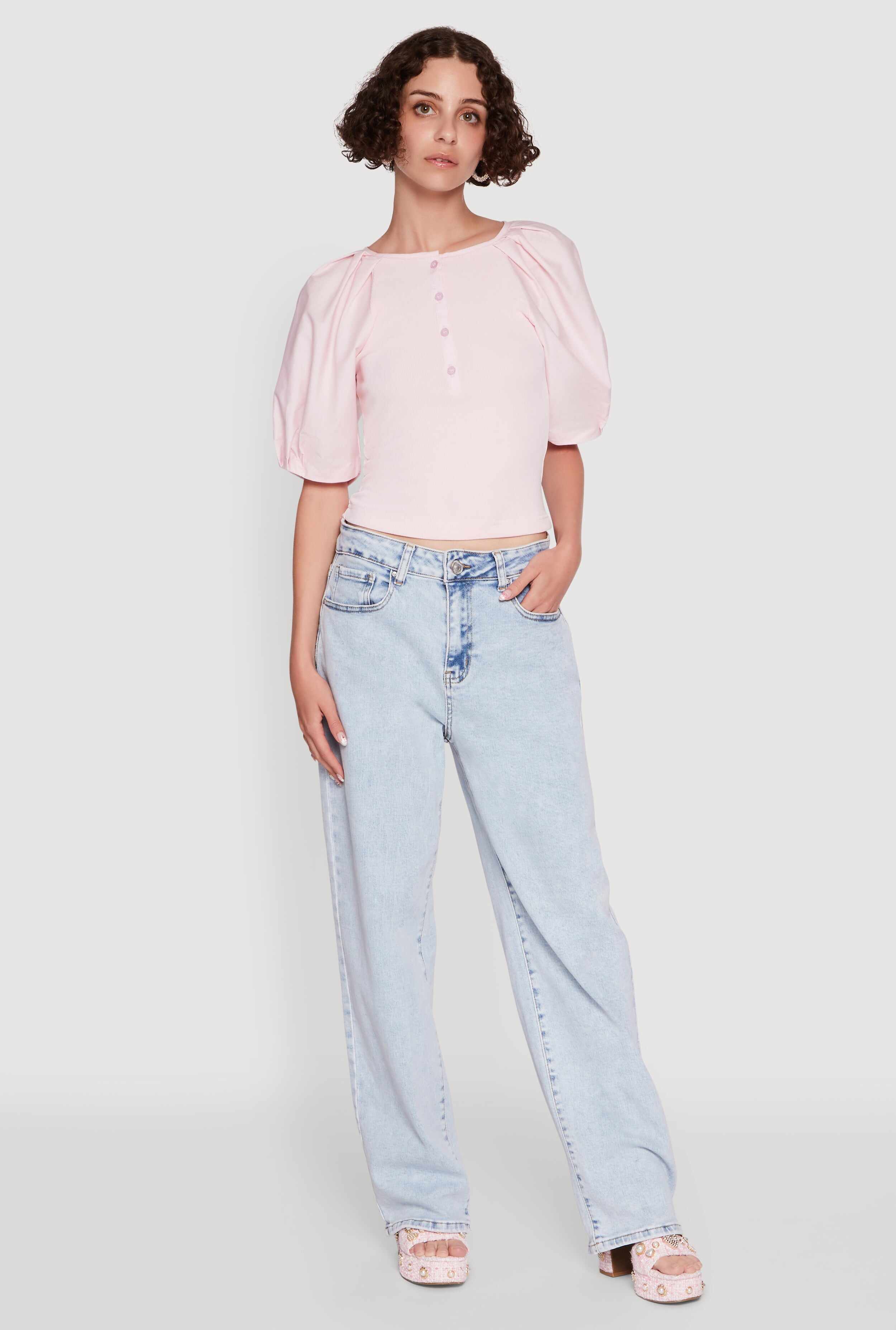 Rib Knit Puff Sleeve Henley Top
