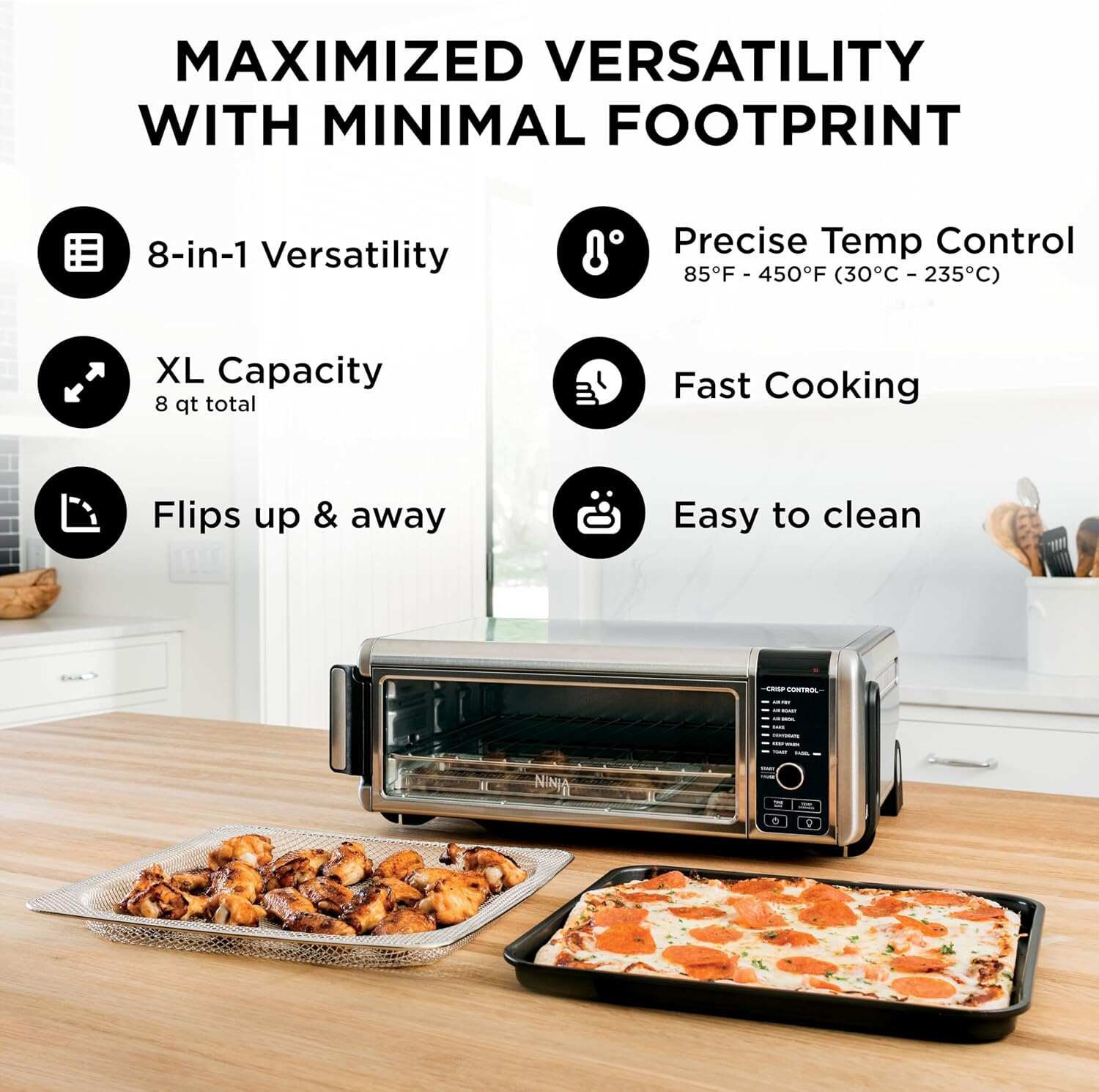 Air Fryer Toaster Oven Combo | 8-in-1 Functionality | Flip Up & Away for Storage Space | Air Fry Basket, Sheet Pan, Wire Rack & Removable Crumb Tray |1800 Watt | Stainless Steel | SP151