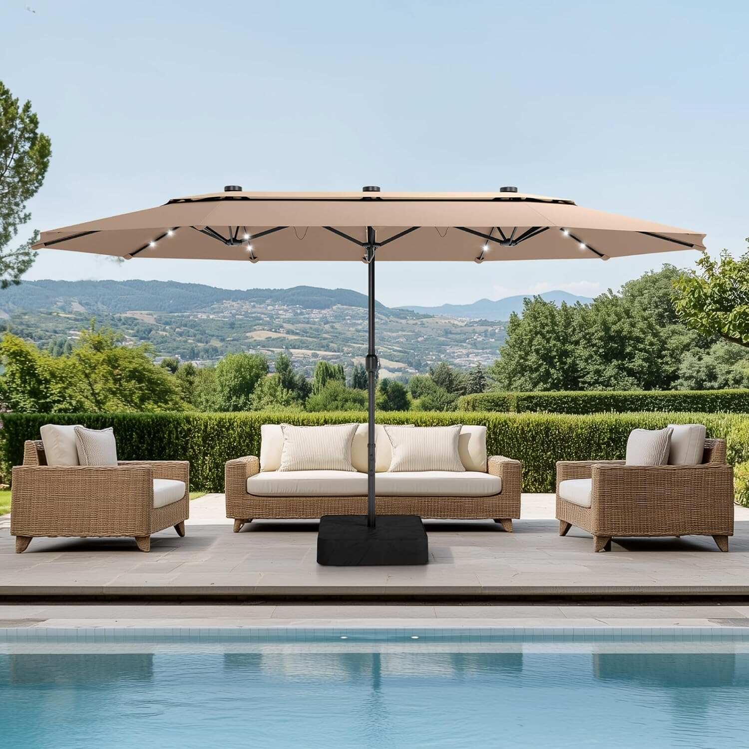 15ft Double-Sided Rectangular Patio Umbrella with Solar LED Lights & Base