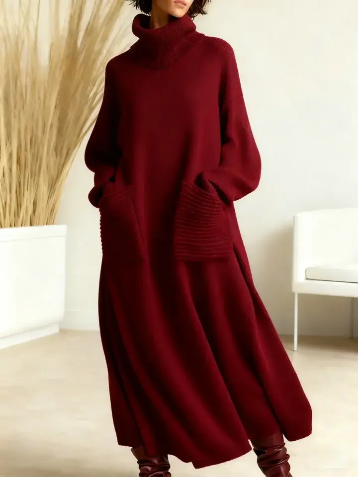 🔥Summer Arrivals🌟Women's Solid Color High-Neck Long-Sleeve Casual Loose Knit Dress