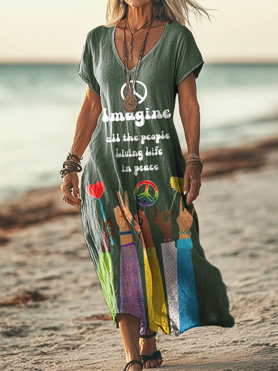Women's Imagine All The People Living Life in Peace Print Short Sleeve Pocket Cotton Linen Dress