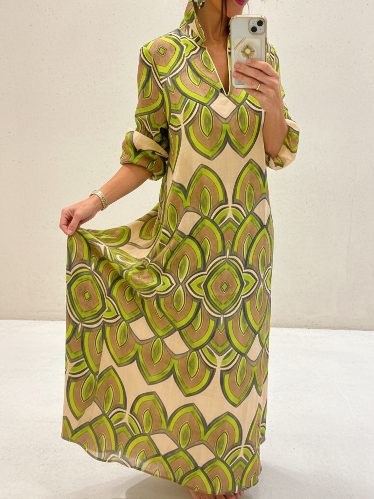 🔥Summer Arrivals🌟Retro Stand-up Collar Floral Print Loose Linen Cotton Dress