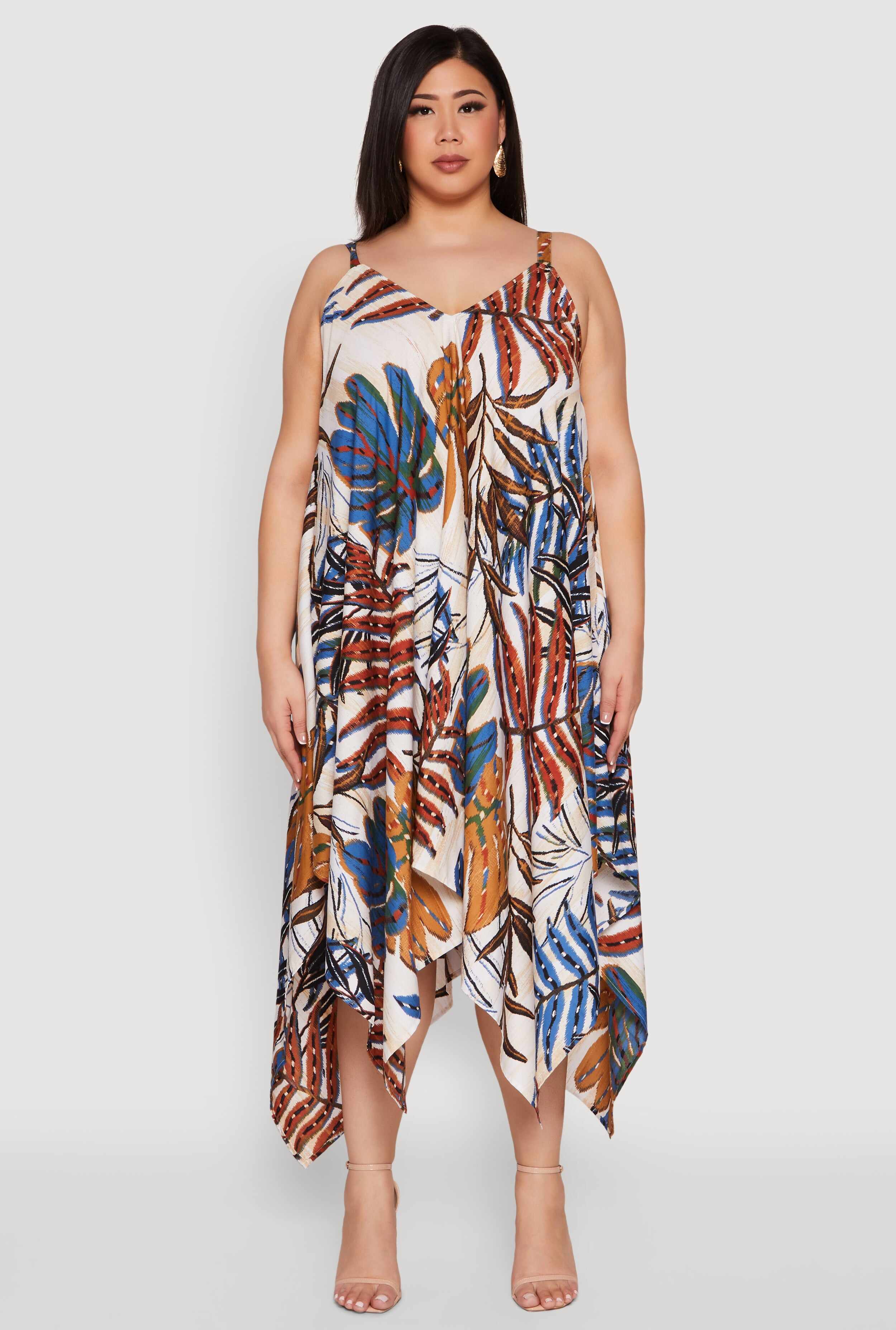 Plus Size Leaf Print Sharkbite Hem Dress