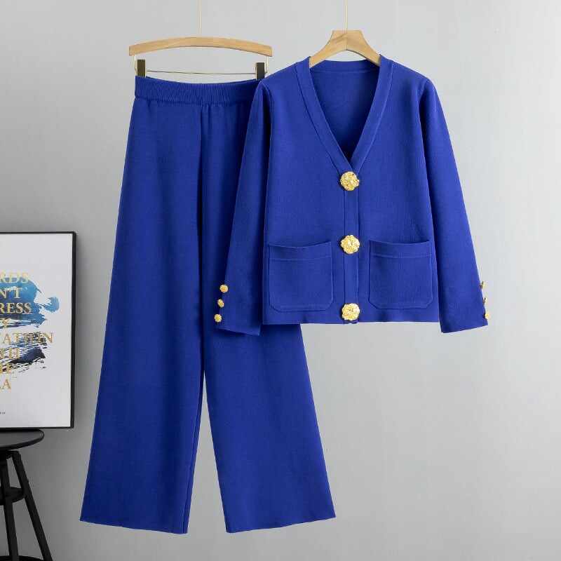 Fashion Metal Button Knit Wool Sweater Wide Leg Pants Set