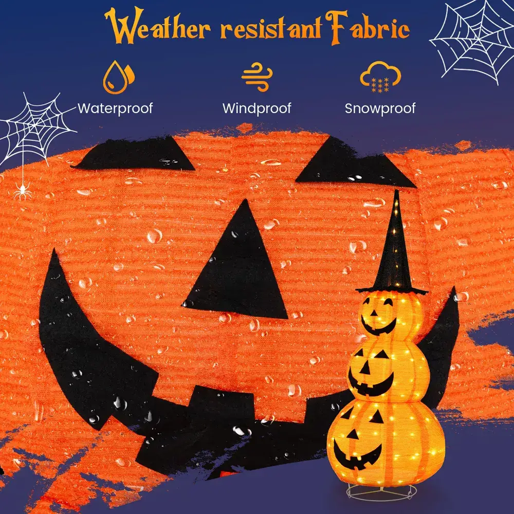 Tangkula Halloween Light Up Pumpkin Decoration Stacked Pumpkins with Witch Hat Build-in LED Lights Pop Up Jack-o-Lantern