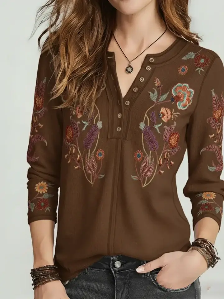 🔥Summer Arrivals🌟Women's Floral Print Stretch Knit Cotton Henley Top