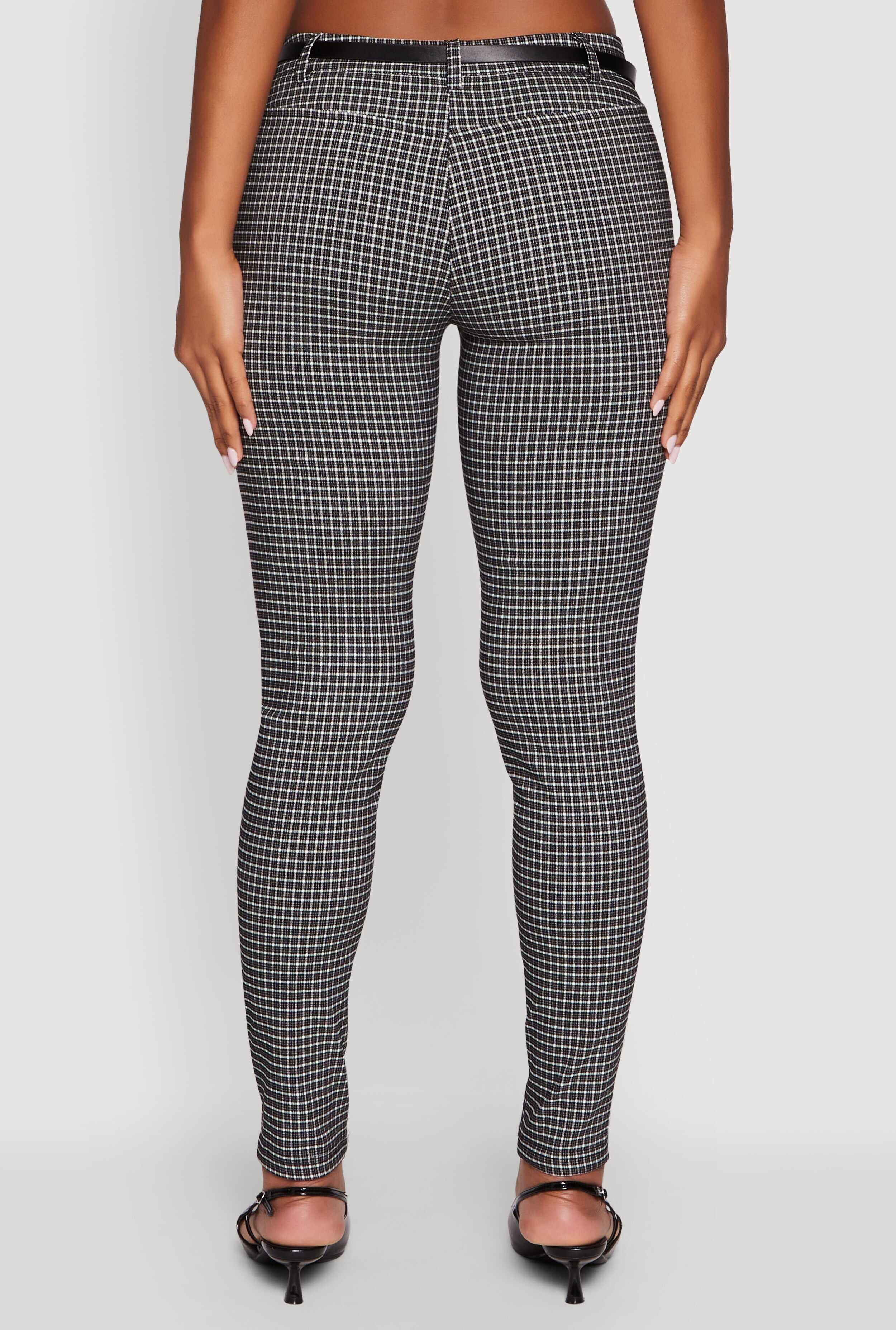 Plaid Skinny Leg Dress Pants with Belt