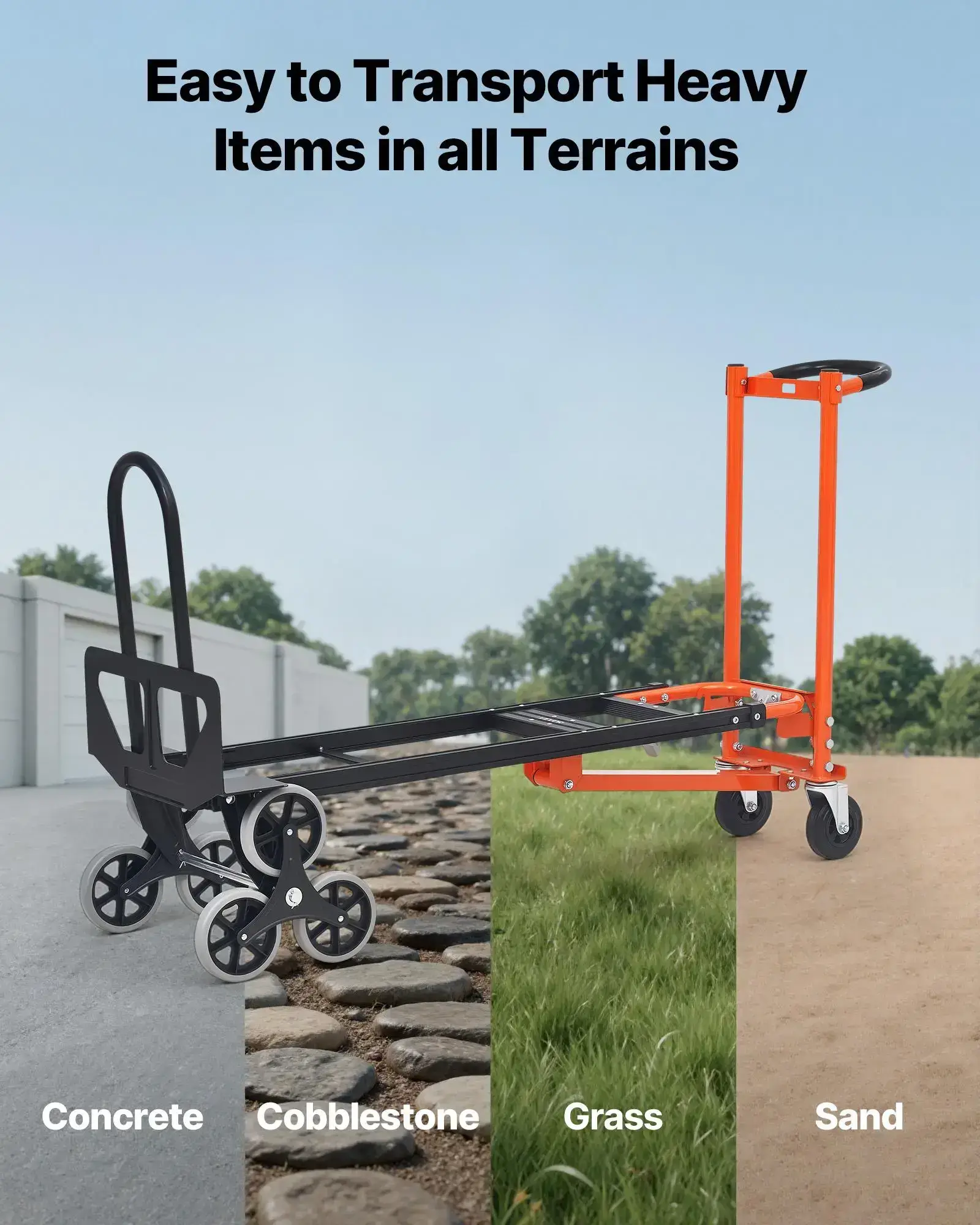 3 in 1 Industrial Convertible Stair Climbing Cart, 770 lbs Max Load, Folding Hand Truck Dolly with Handle & Wheels, Stair Climbing Utility Trolley for Transport & Moving, Orange & Silver