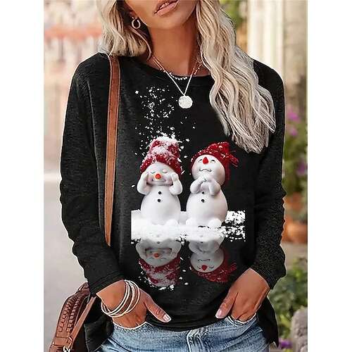 Women's Christmas Sweatshirt Reindeer Snowflake Print Long Sleeve Crew Neck Holiday Red White Casual Festive Winter Clothing Apparel