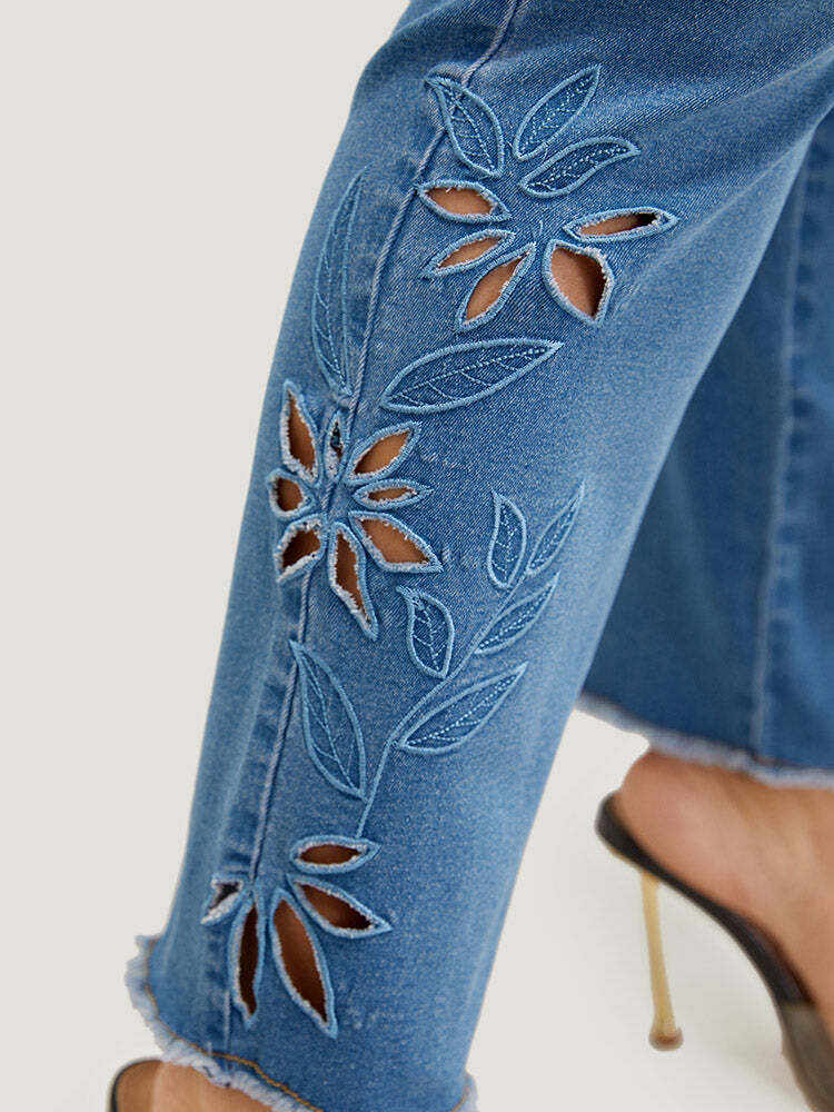 Very Stretchy High Rise Medium Wash Broderie Anglaise Jeans