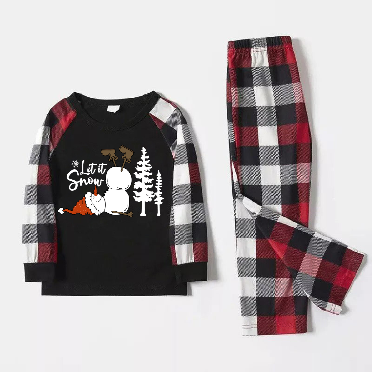 Let it snow letter and snowman Pattern Contrast Top with Red&Black&White Plaid Sleeves Family Matching Pajamas