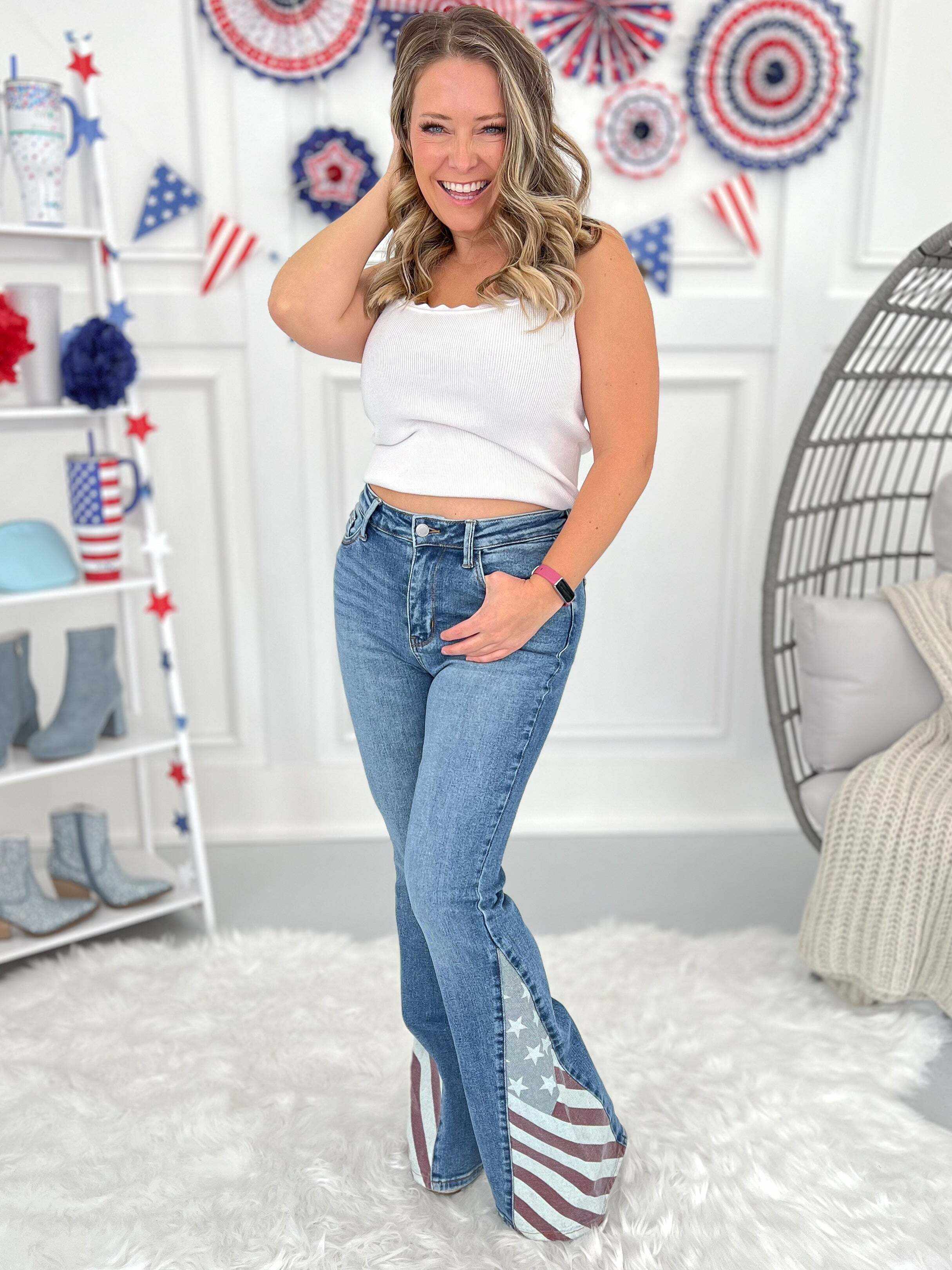 Should've Been A Cowboy - Christmas Americana Flag Print Flare Jeans - Final Sale