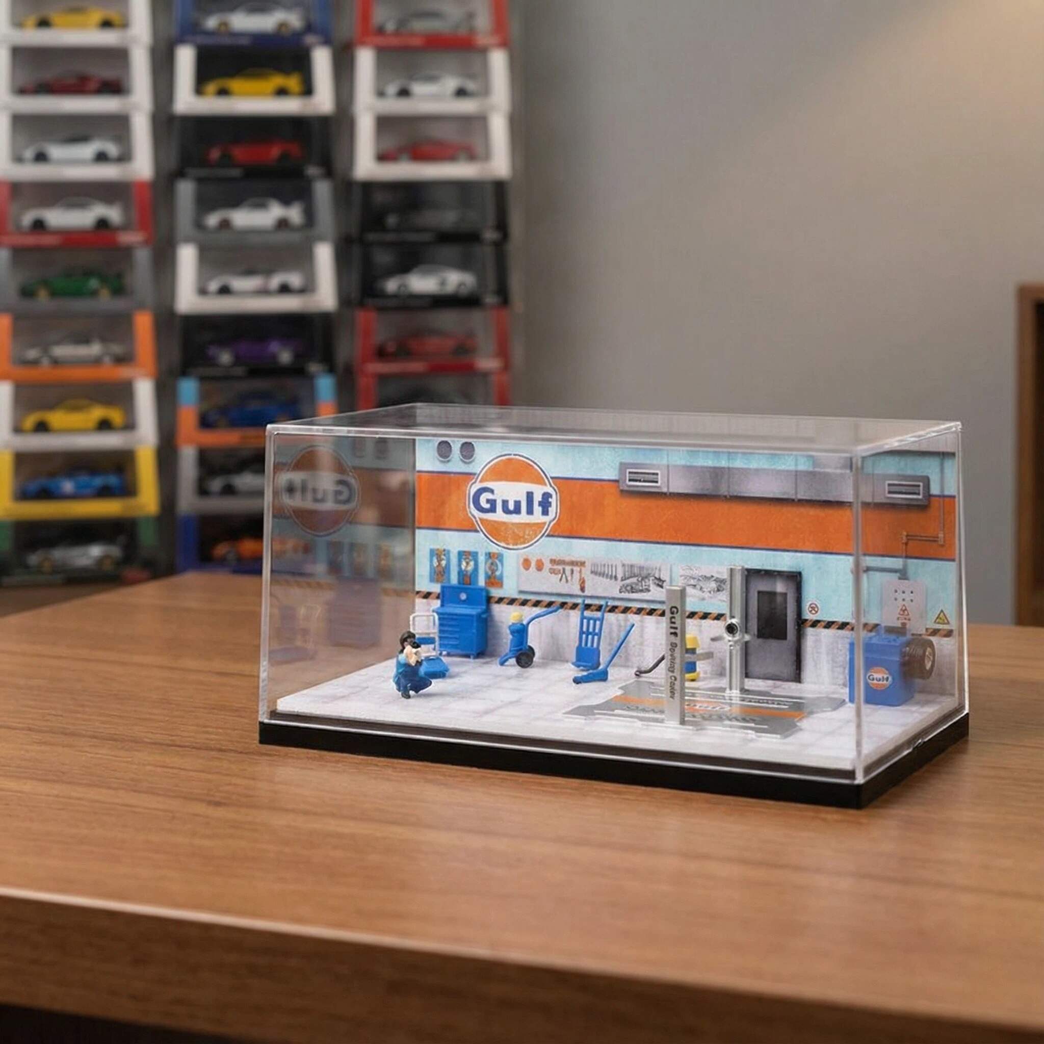 1:64 Scale Classic Oil Service Garage Diorama Display Case – Vintage Workshop Scene for Diecast Cars