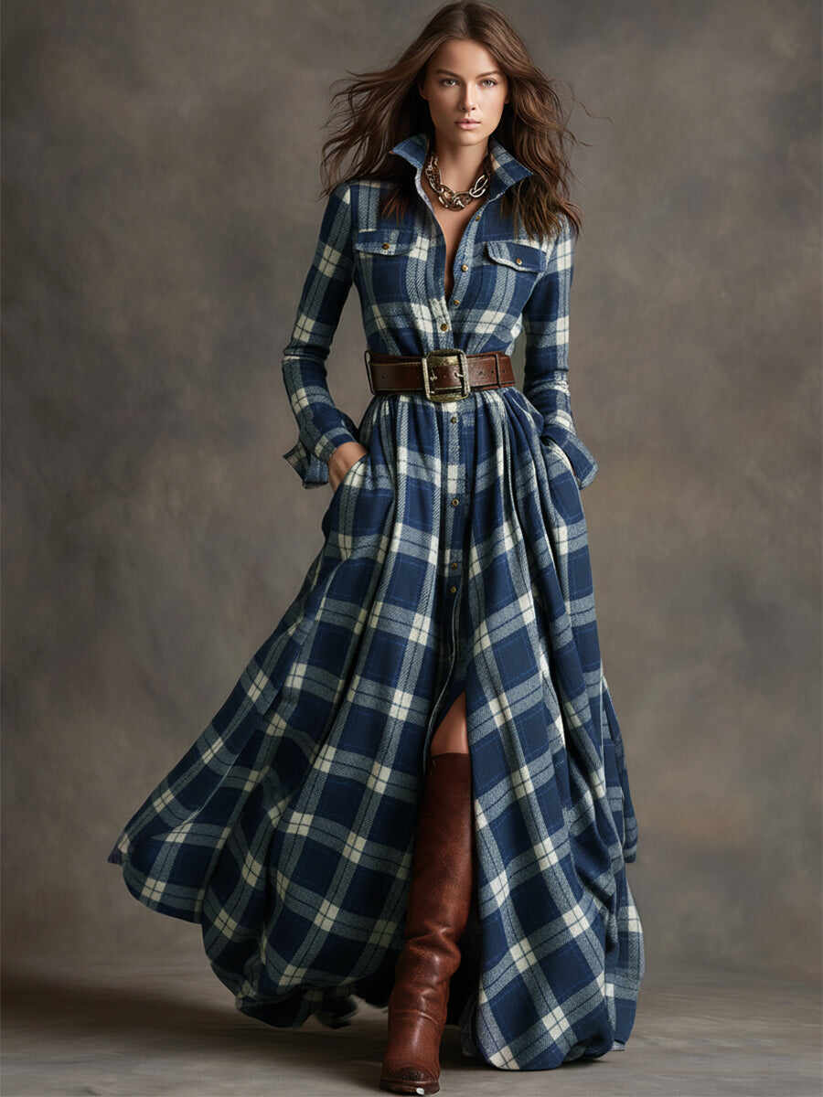 Retro Ethnic Style Lapel Reddish Brown Plaid Maxi Dress