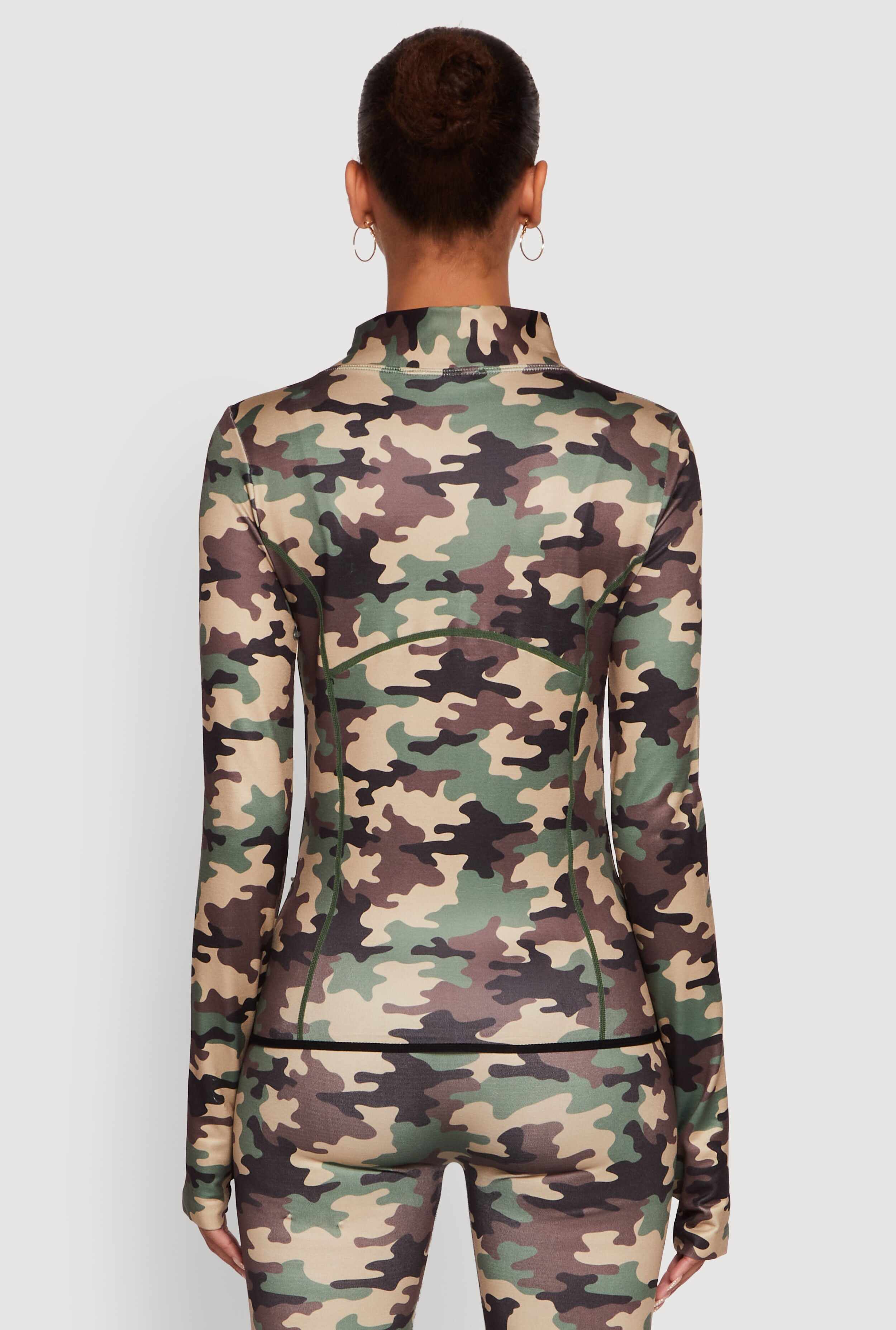 Camouflage Mock Neck Jacket with Thumb Holes