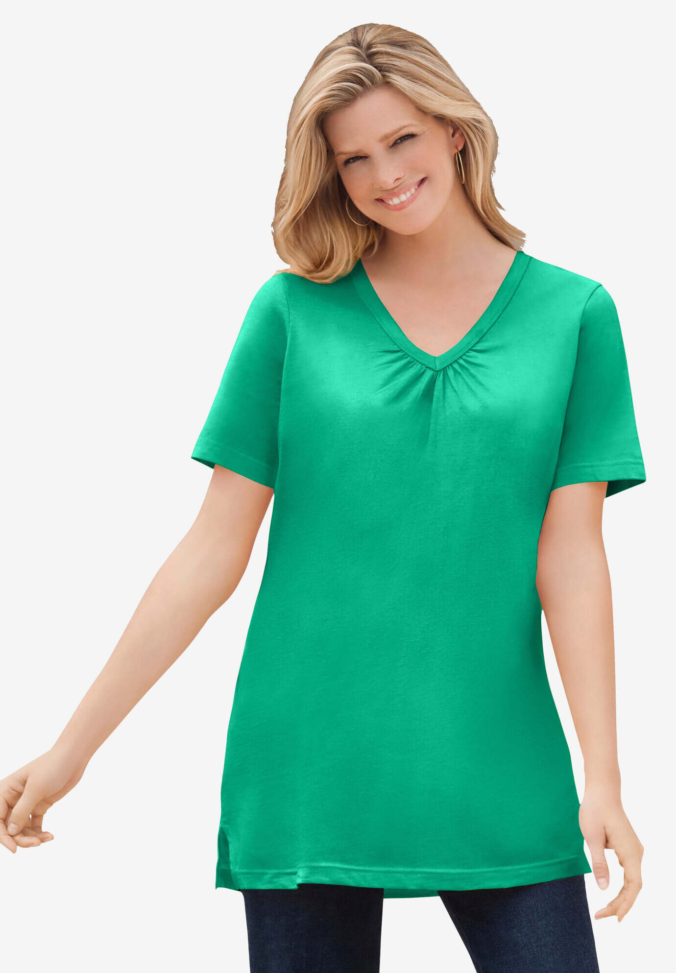Perfect Short-Sleeve Shirred V-Neck Tunic