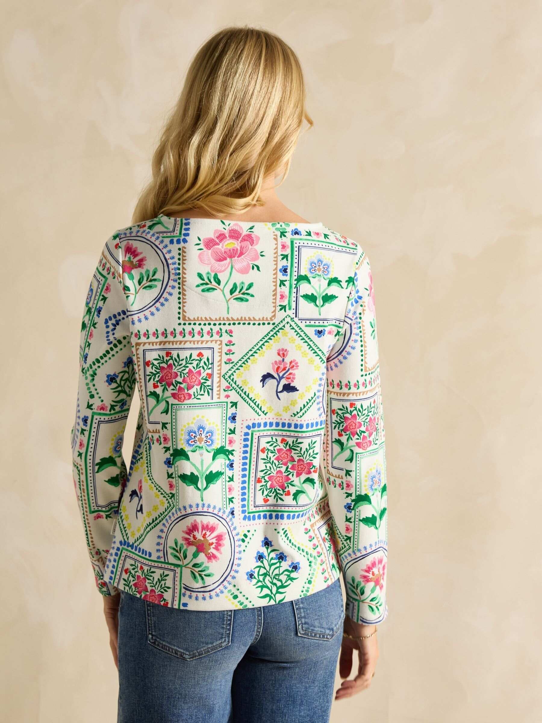 Harbour Cream Tile Print Boat Neck Printed Top