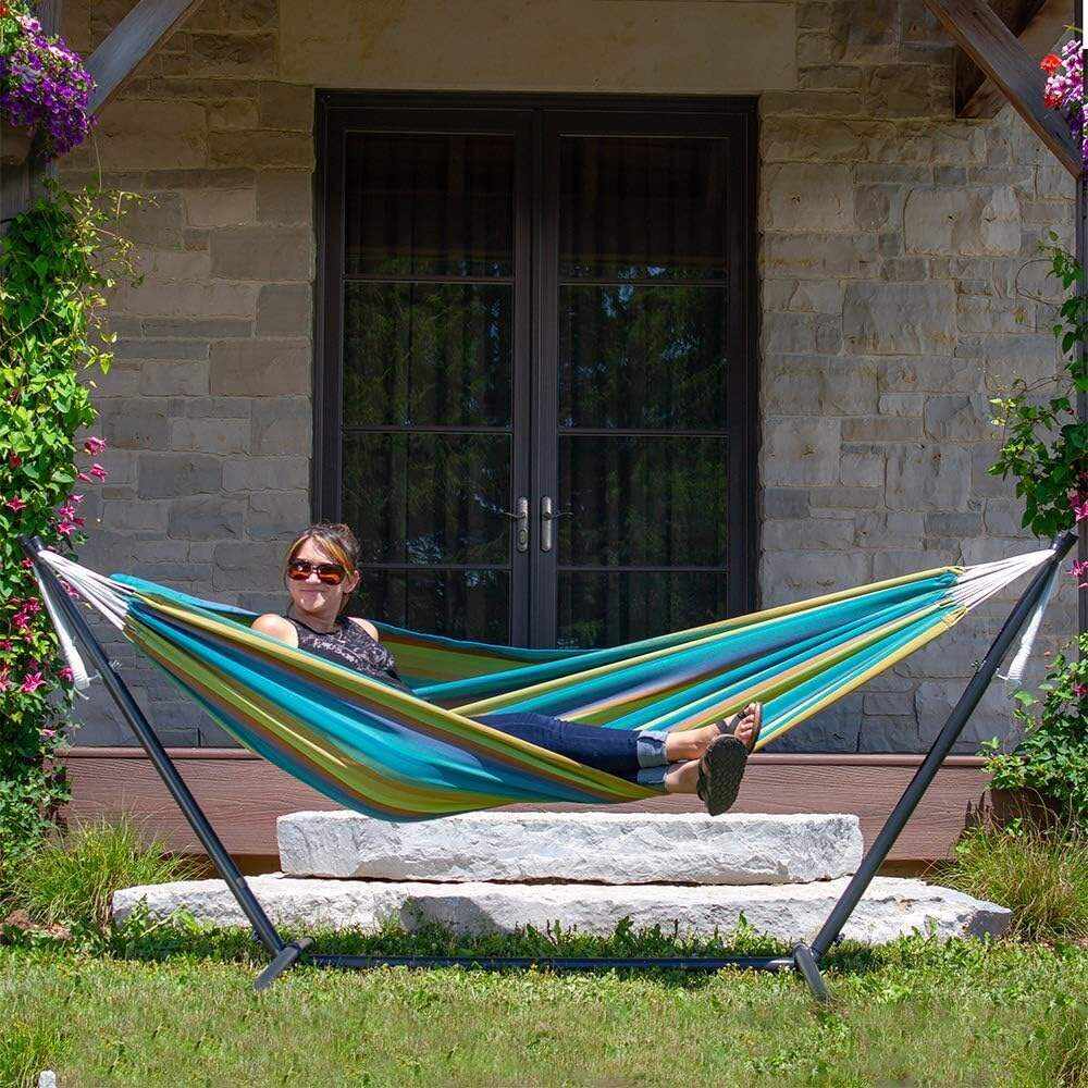Double Cotton Hammock with Space Saving Steel Stand, Tropical (450 lb Capacity - Premium Carry Bag Included)