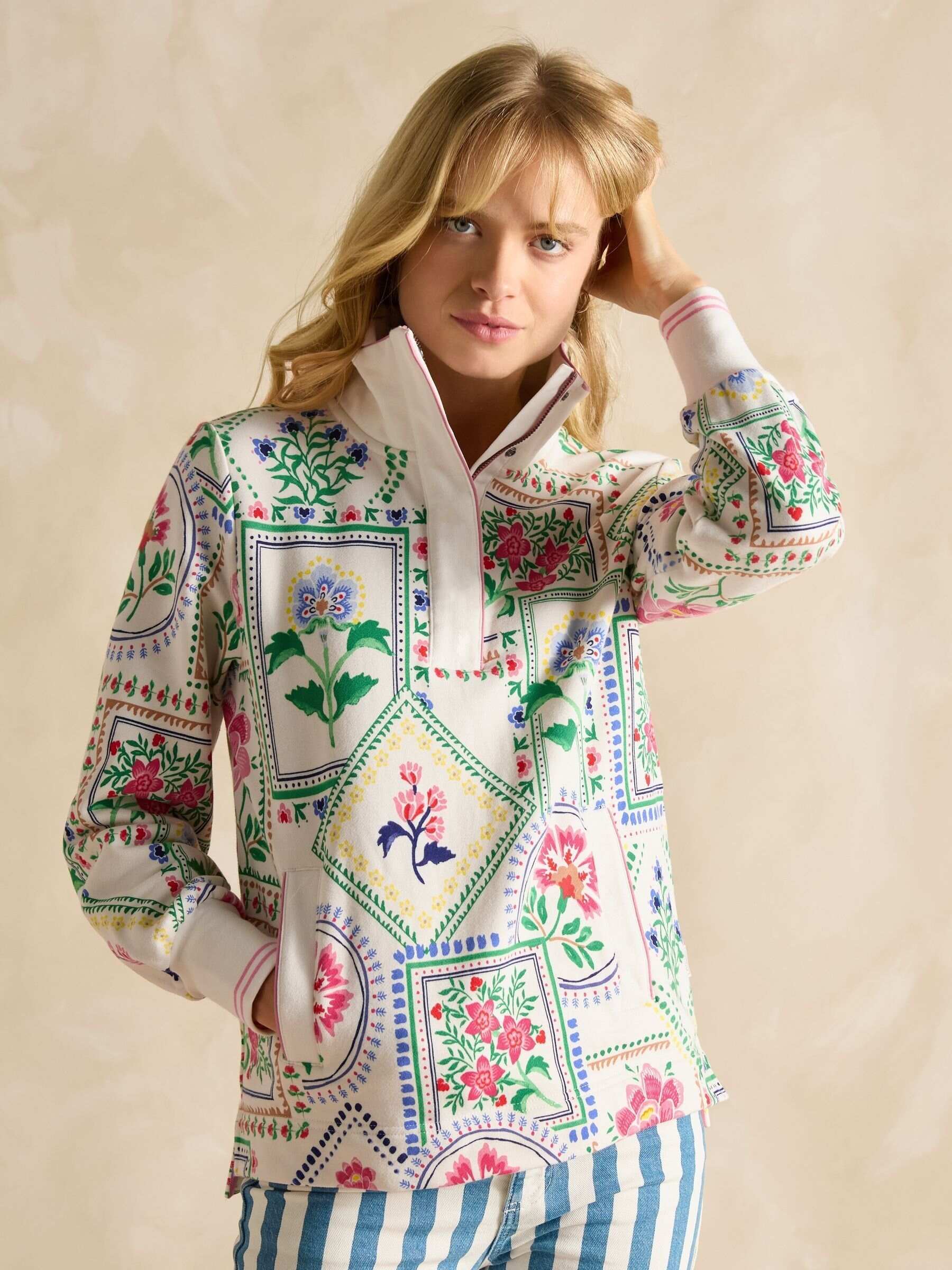 Burnham Cream Tile Print Cotton Funnel Neck Quarter Zip Sweatshirt