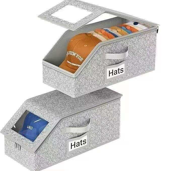 Hat Storage Box with Clear Lid, Foldable Cap Organizer for Baseball Caps