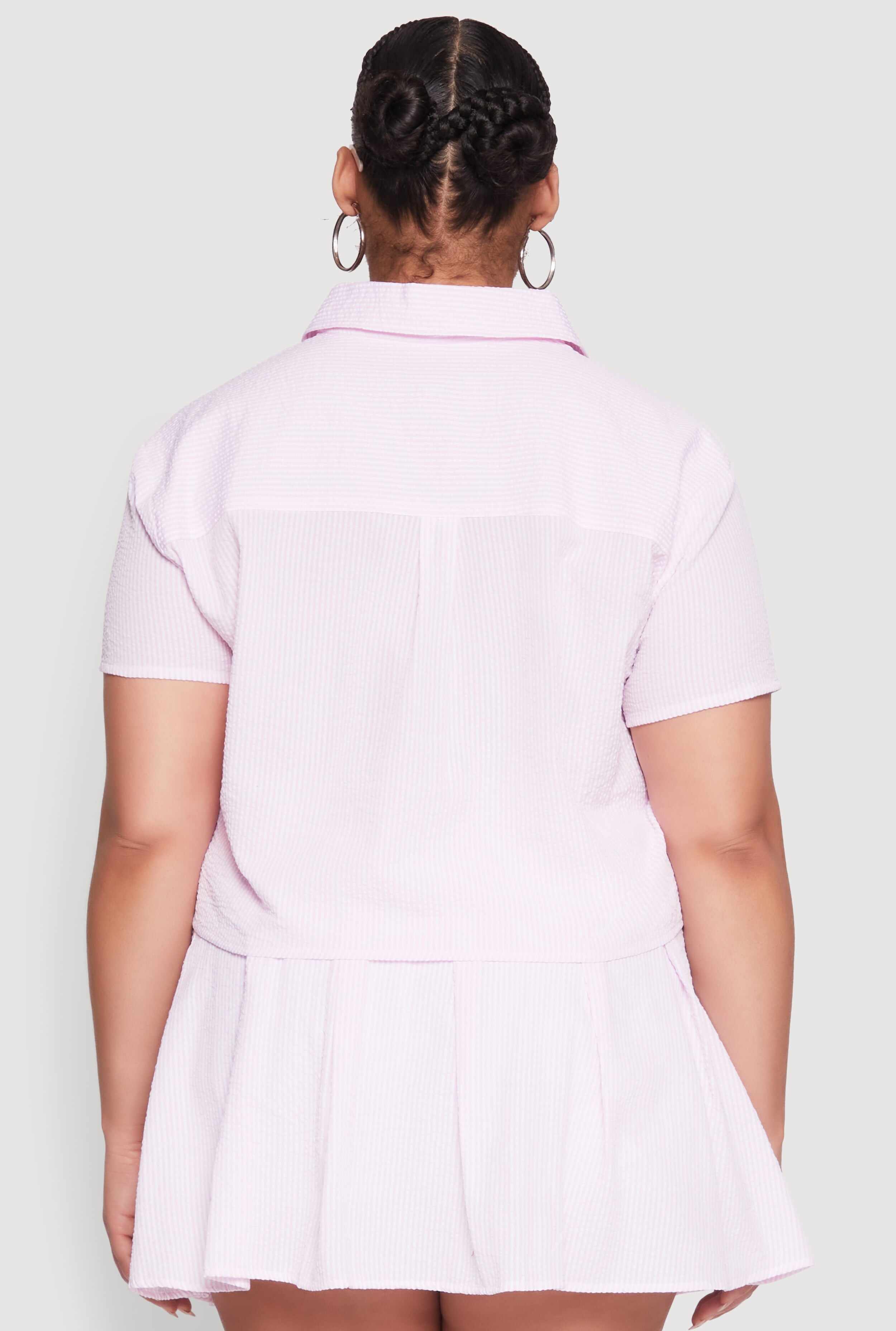 Plus Size Almost Famous Striped Seersucker Cropped Shirt