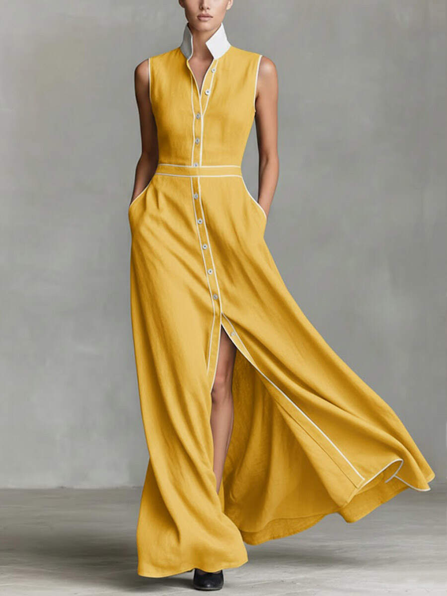 🔥Summer Arrivals🌟Women's Collared Sleeveless Casual Loose Long Cotton Linen Dress