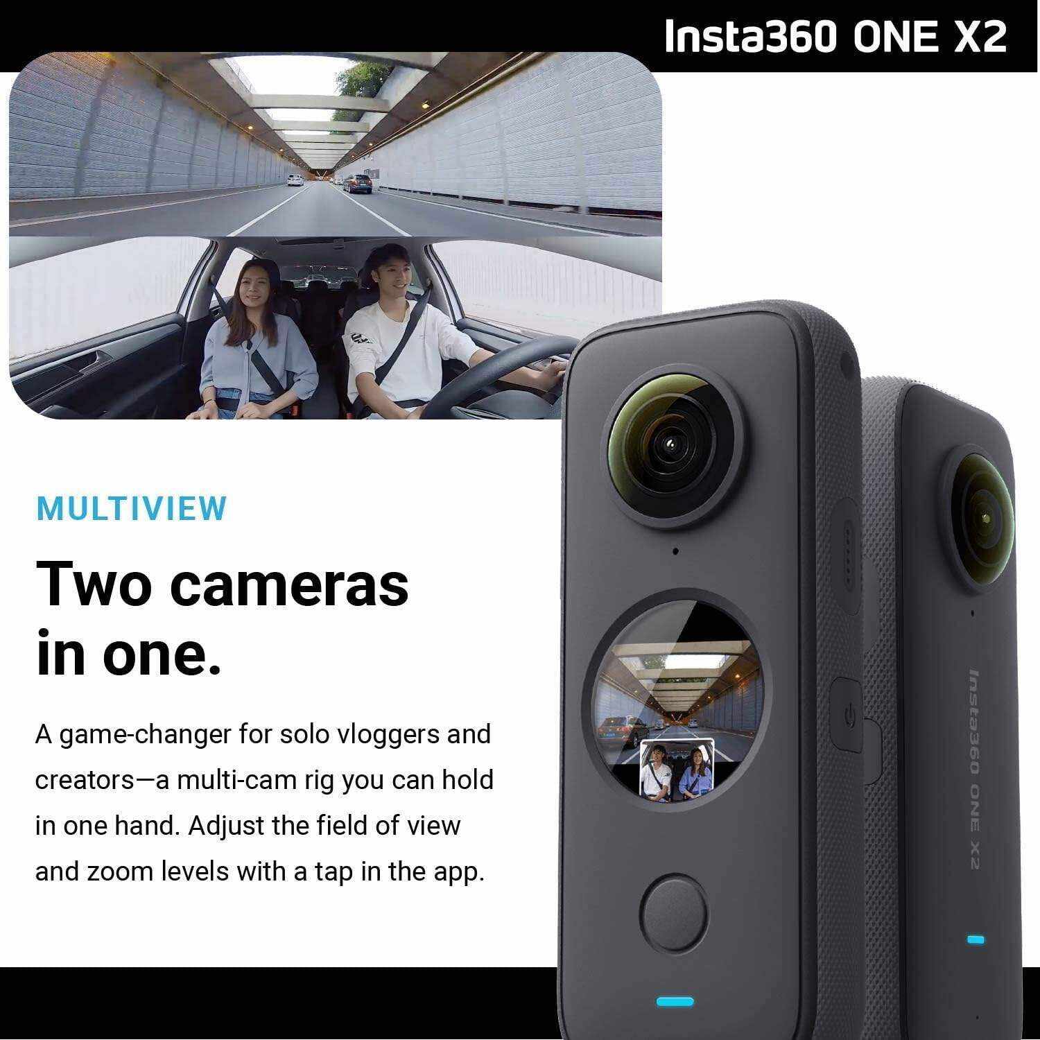 Insta360 ONE X2 360 Camera with Touchscreen - 5.7K30 360 Video, Front Steady Cam Mode, 18MP 360 Photo + InstaPano | Bundle Includes Invisible Selfie Stick (120cm) & 128GB Memory Card (3 Items)