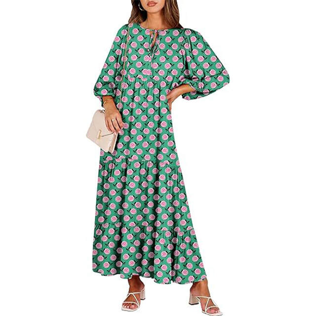 🔥2025 CRAZY DEAL🔥Summer V Neck Puff Sleeve Floral Flowy Swing Casual Long Dress