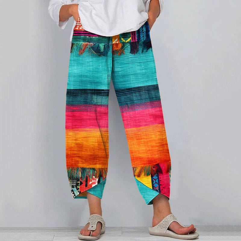 Boho Tassel Contrast Color Linen Blend Pants