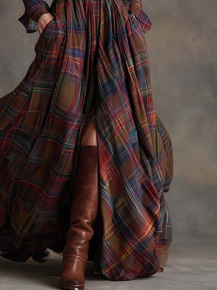 Retro Ethnic Style Lapel Reddish Brown Plaid Maxi Dress