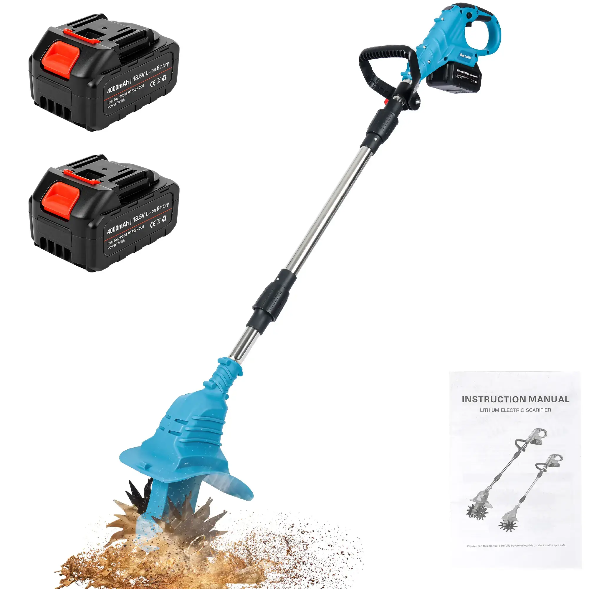 18.5V Cordless Tiller Cultivator, 360RPM Electric Garden Tiller, with 2 * 4.0Ah Batteries & Charger, 9In Tilling Width and 6.6In Depth Garden Rototiller for Lawn/Gardening/Soil Cultivation Tool Handle