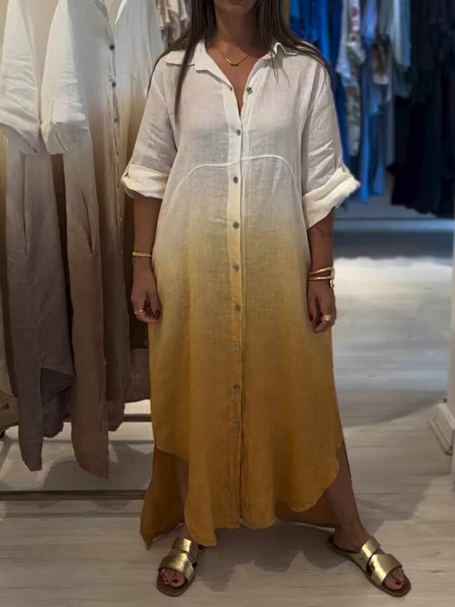 🔥Summer Arrivals🌟Casual Gradient Color Linen And Cotton Shirt Dress