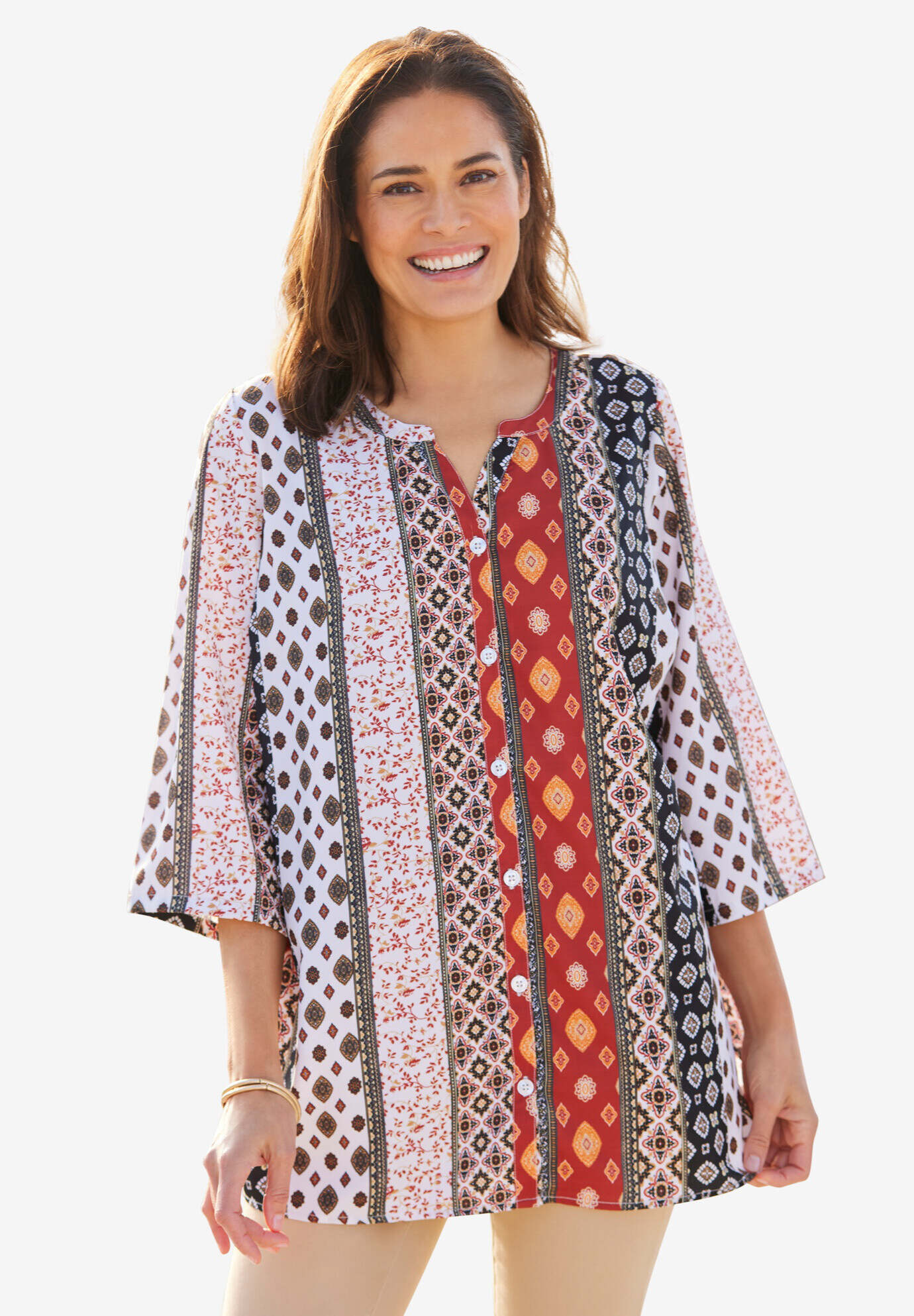 Y-Neck Button Front Blouse