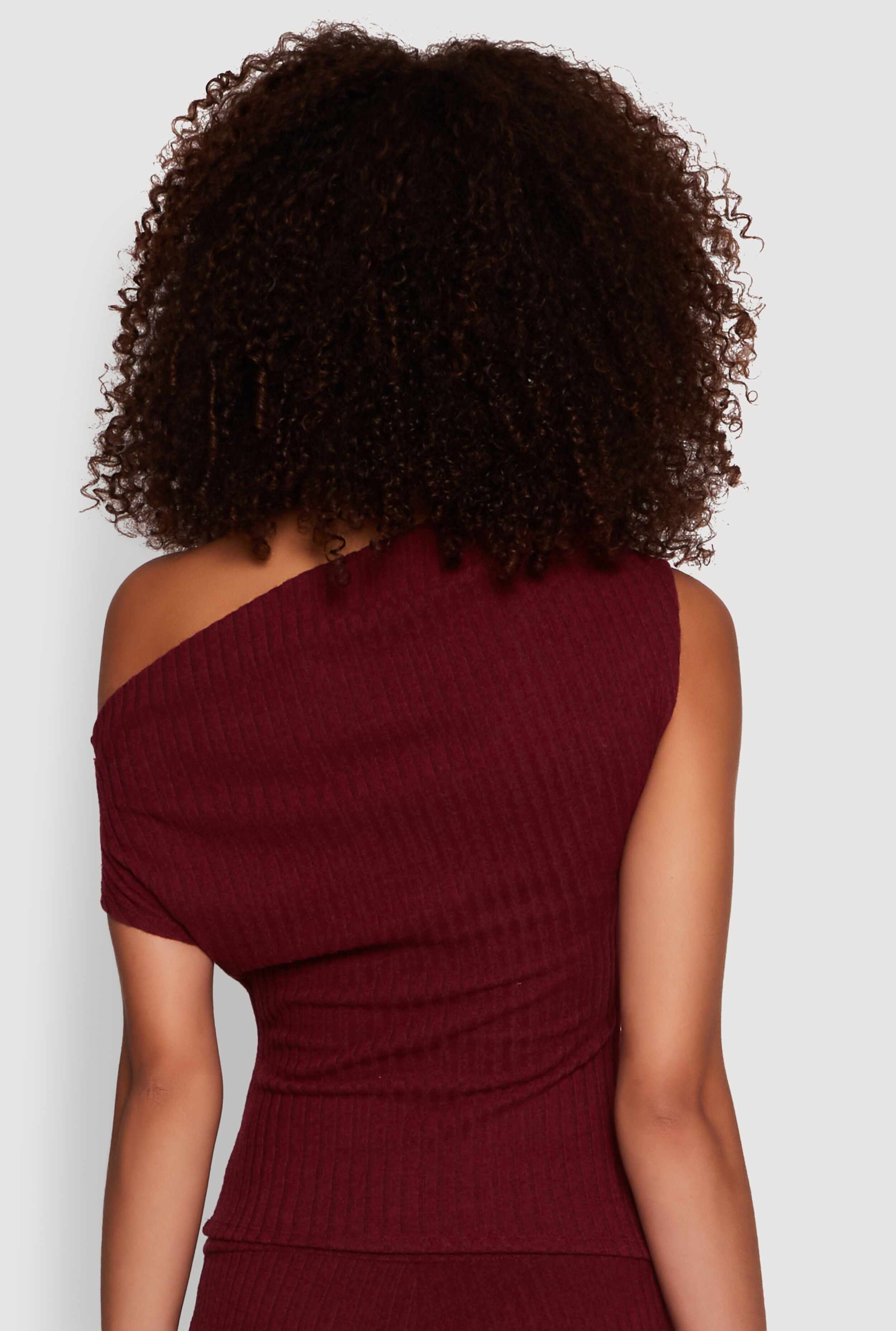 Ribbed Knit Solid One Shoulder Blouse