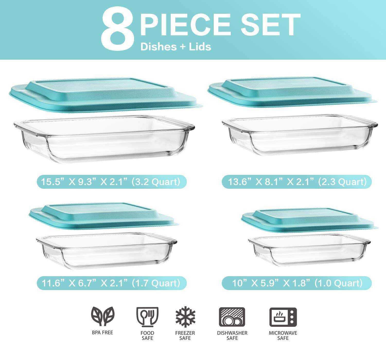 8-Piece Deep Glass Baking Dish Set with Plastic lids,Rectangular Glass Bakeware Set with BPA Free Lids, Baking Pans for Lasagna, Leftovers, Cooking, Kitchen, Freezer-to-Oven and Dishwasher, Gray