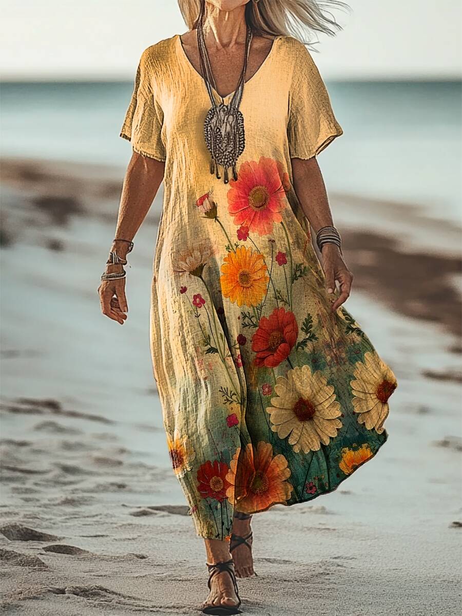 Women's Vintage Floral Art Patterns Print Short Sleeve Pocket Cotton Linen Dress