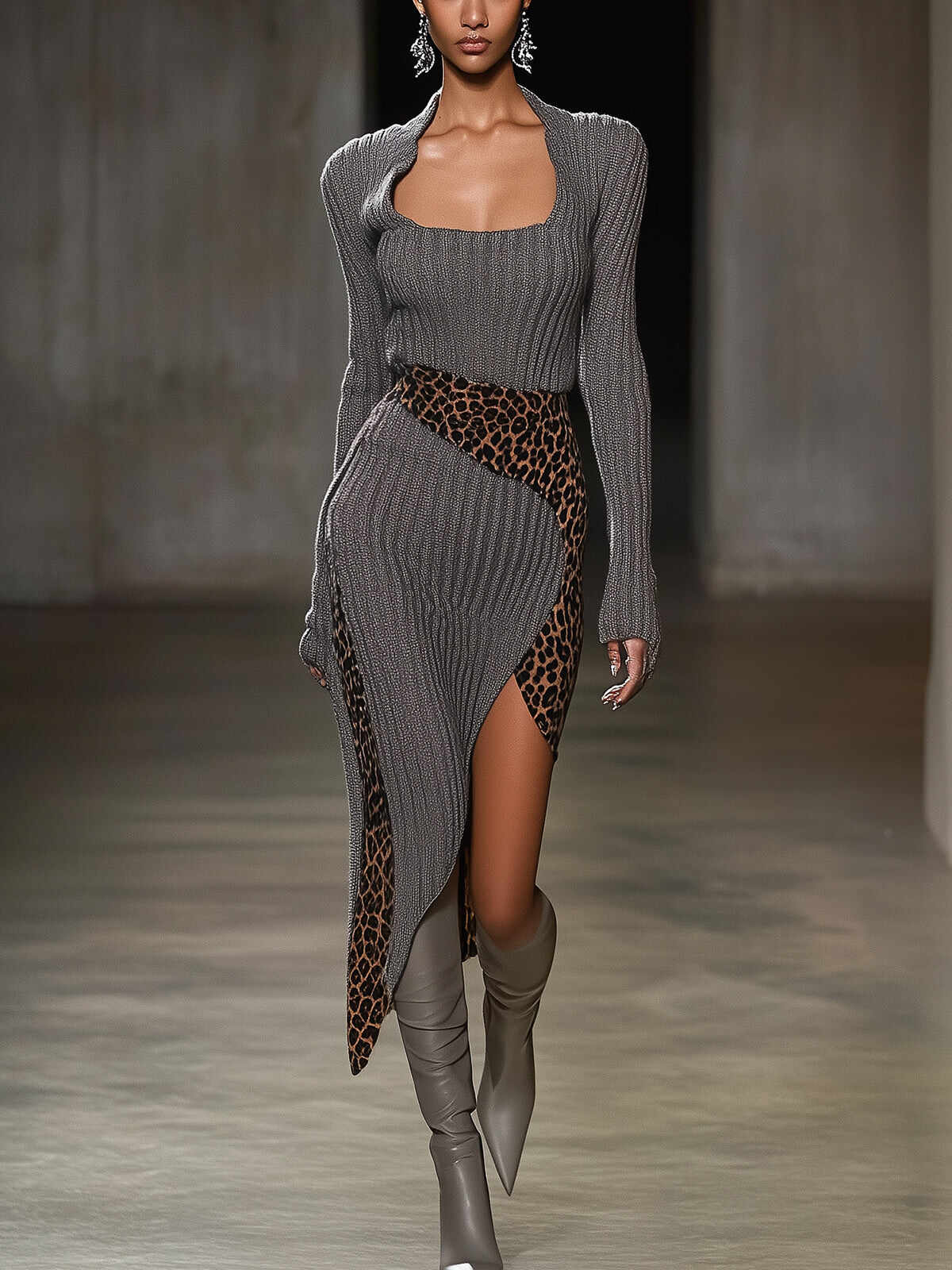 Gray Square Neck Leopard Print Irregular Hem Knit Midi Dress
