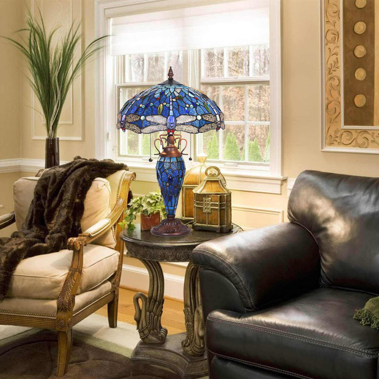 Dragonfly Style Tiffany Large Table Lamp 3-Light With Nightlight Rustic Antique Desk Light