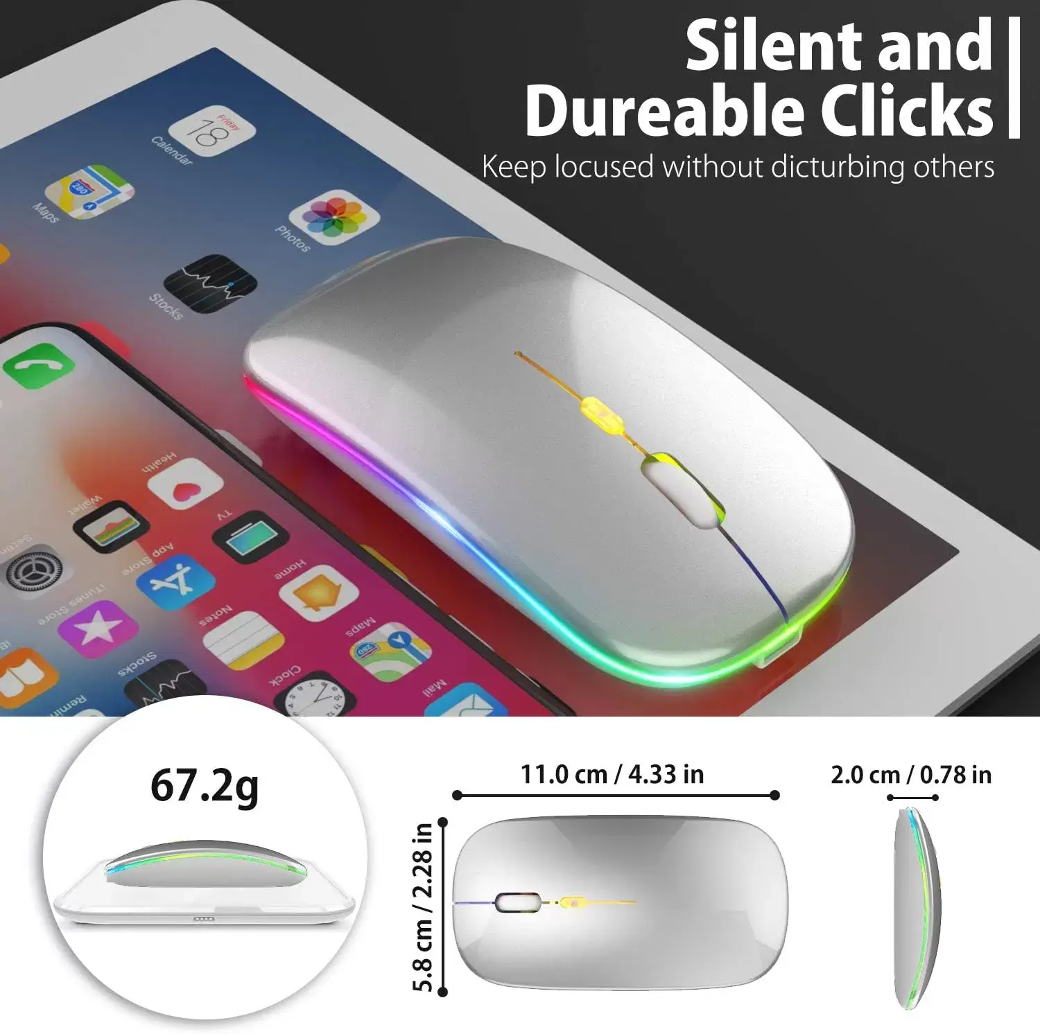 [Upgrade] LED Wireless Mouse, Slim Silent Mouse 2.4G Portable Mobile Optical Office Mouse with USB & Type-c Receiver, 3 Adjustable DPI Levels for Notebook, PC, Laptop, Computer, MacBook (Pink)