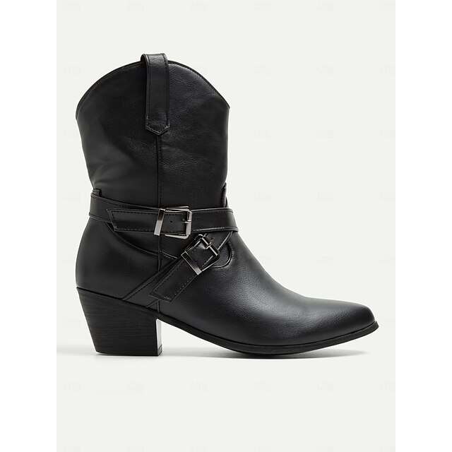 Women's Black Western Ankle Cowboy Boots with Buckle Details for Fashion and Casual Wear