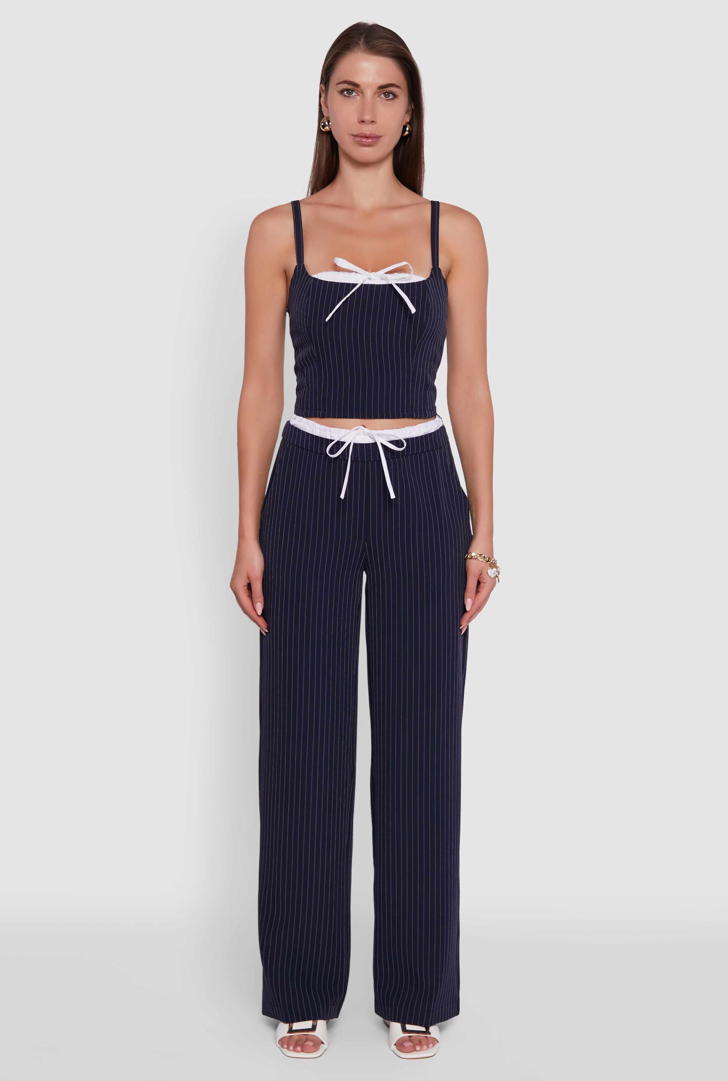 Iris Pinstripe High Waisted Wide Leg Pants with Tie Front