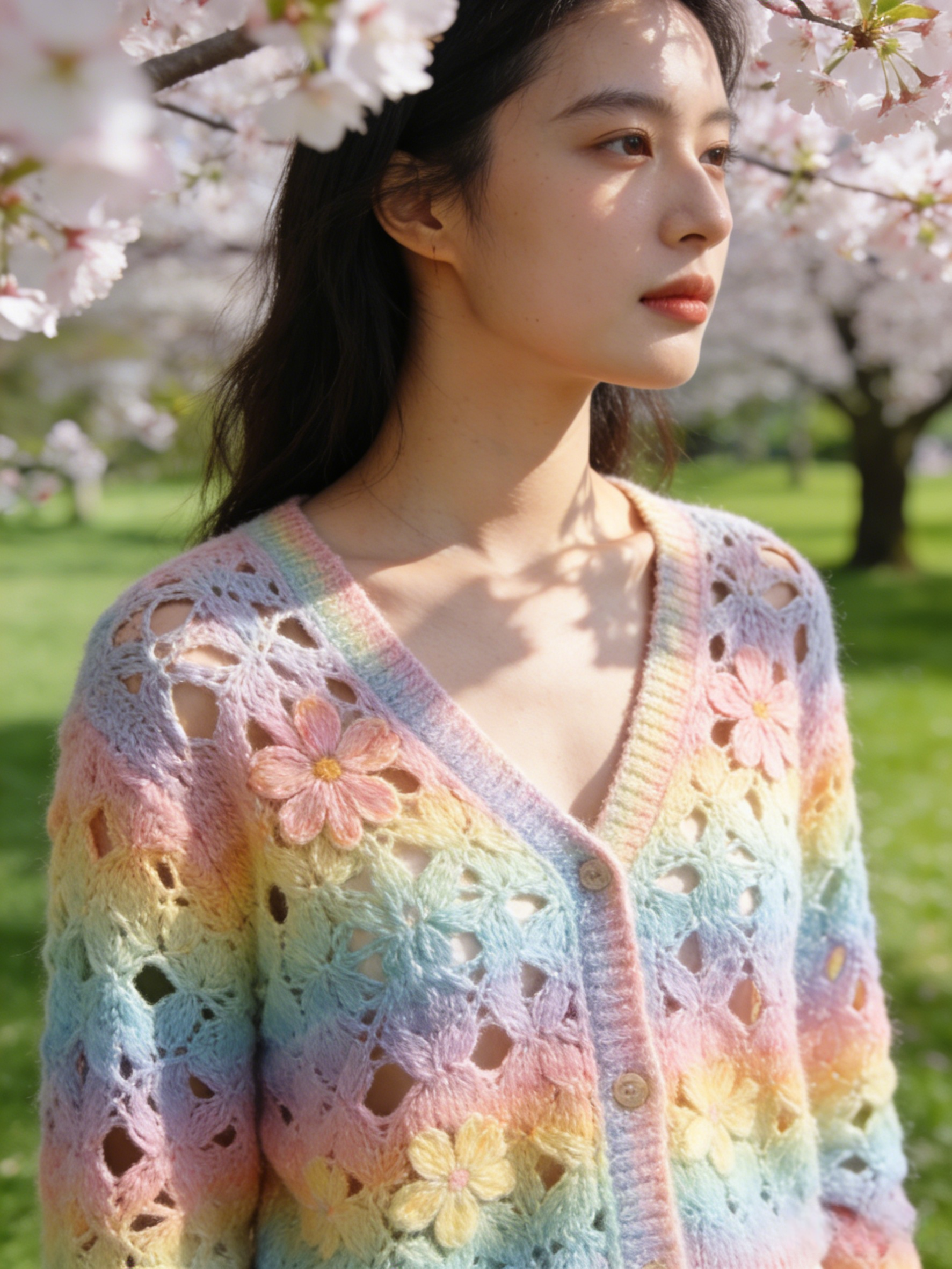 Handmade Floral Rainbow V Neck Hollow Out Knit Cardigan Spring