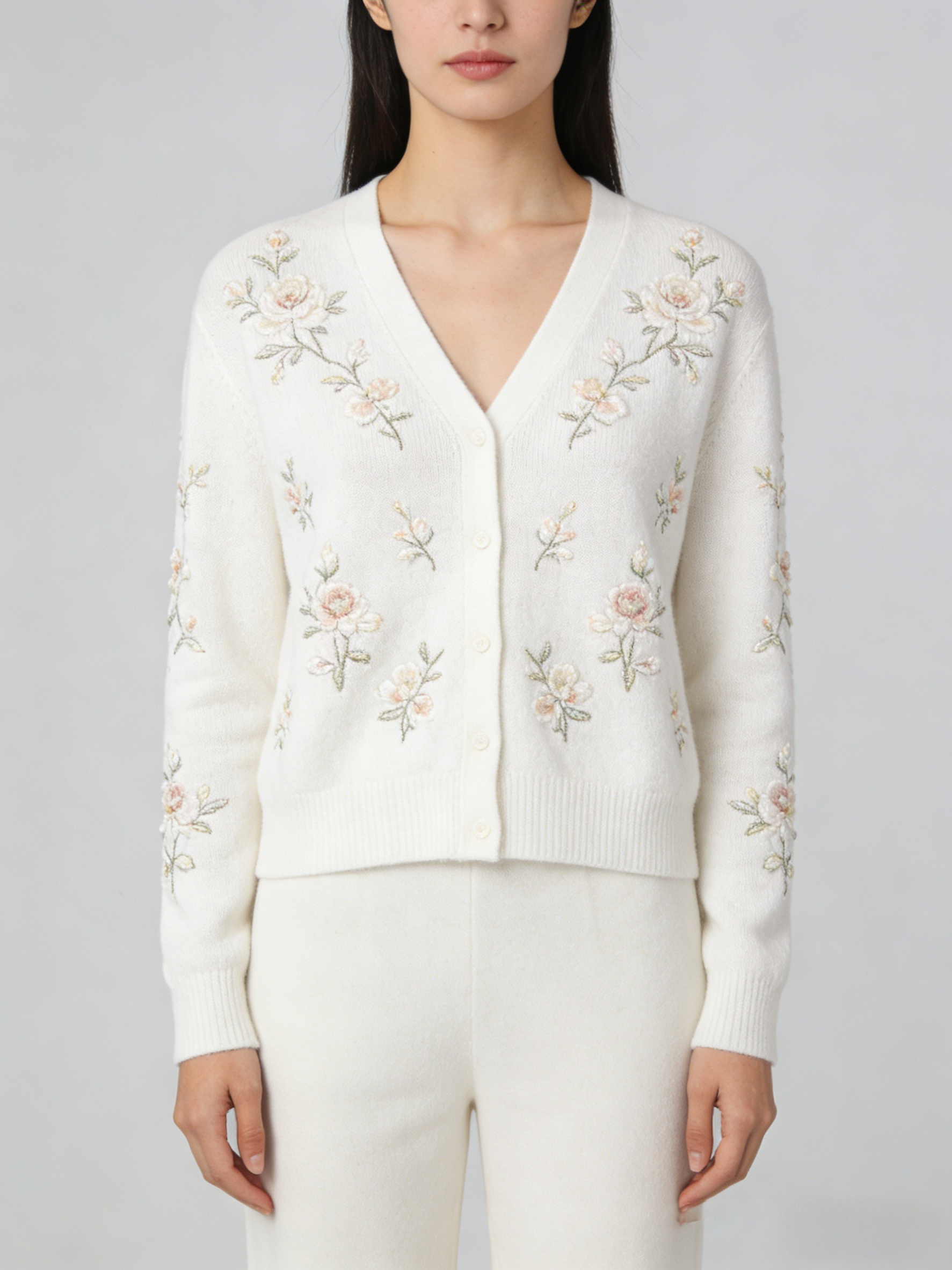 White Floral Embroidery Short Cashmere Knit Cardigan V Neck Spring