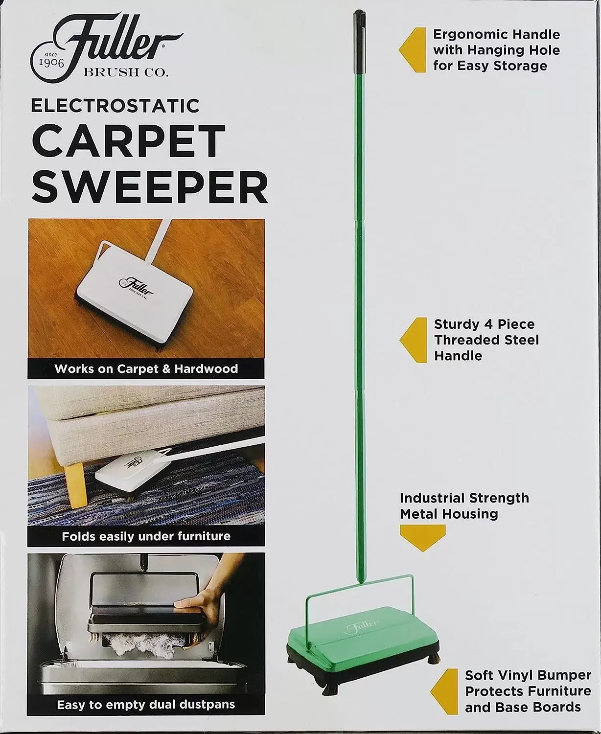 Fuller Brush 17027 Carpet & Floor Sweeper- Mini Stick Cleaner For Hardwood Surfaces, Wood Floors, Laminate, Tile- Small & Portable For The Home Or Office - Cleans Dust Pet Hair- Electrostatic & Silent