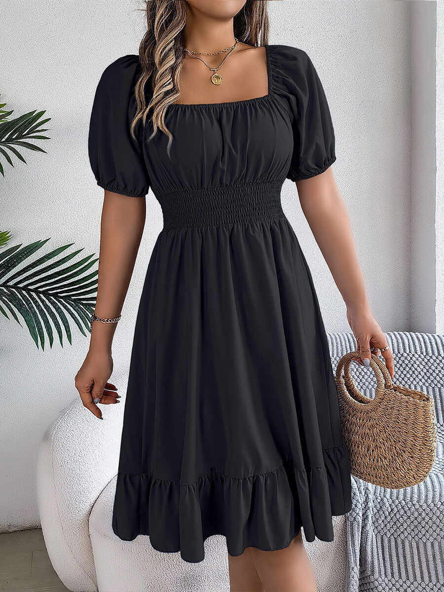 🔥Summer Arrivals🌟Women's Casual Solid Color Square Neck Short Sleeve Dress